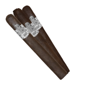 Three Cordoba and Morales Platino cigars with a glossy, dark wrapper, arranged parallel with visible silver bands.